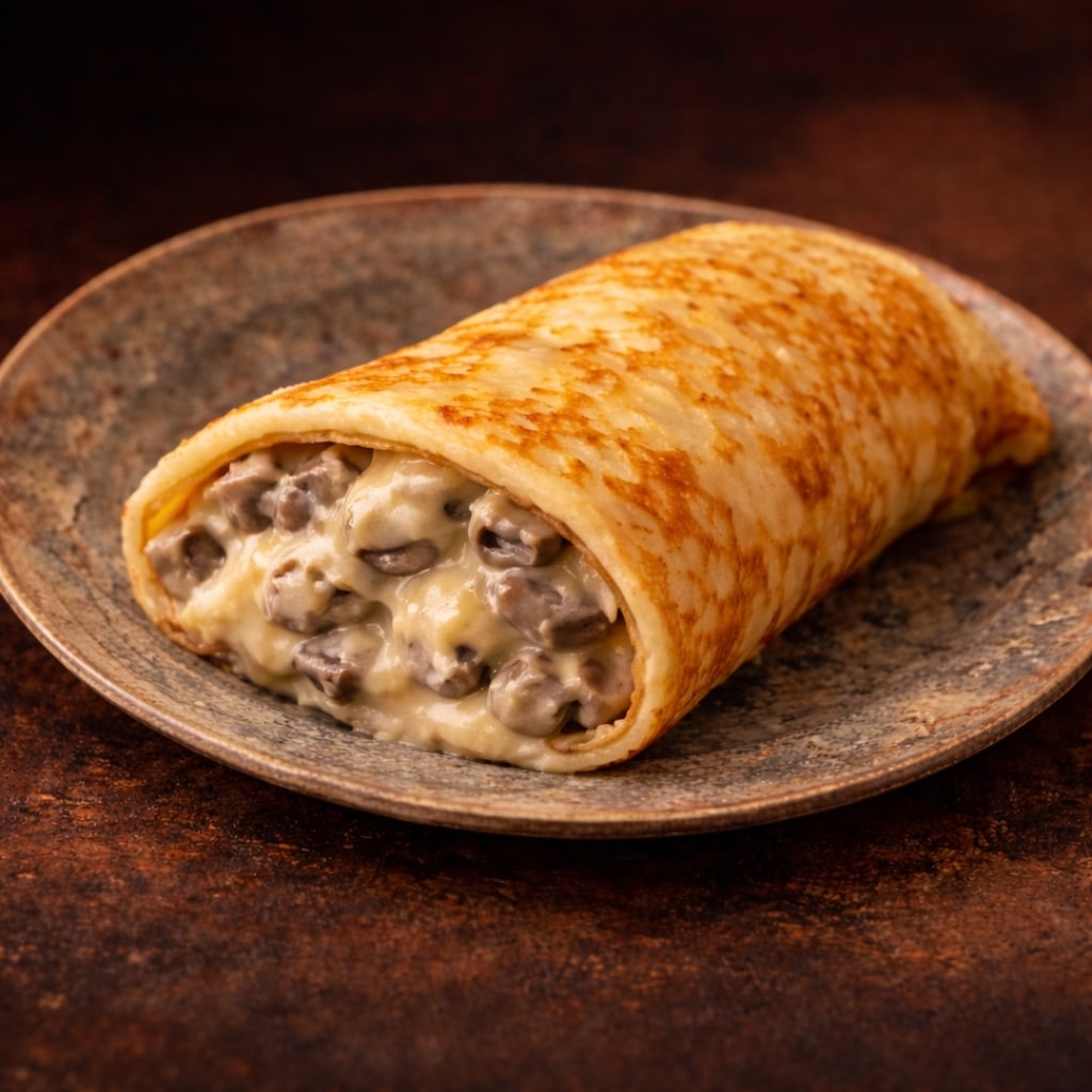 Блин с грибами в плавленом сыре